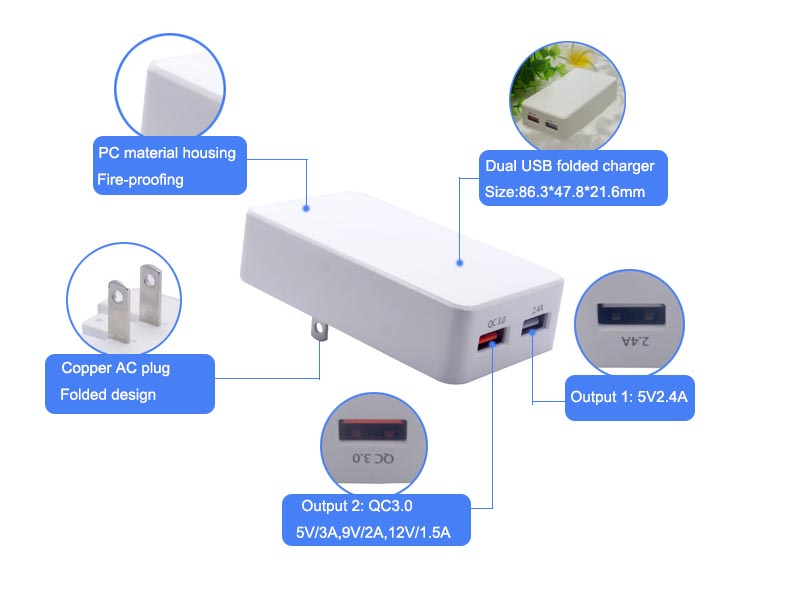 QC3.0+2.4A Dual USB wall charger S-TR-146(图1)